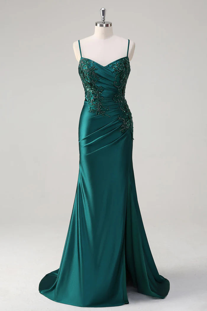 Weitese Dress Sparkly Dark Green Mermaid Spaghetti Straps Party Dress Maxi Dress Sleeveless With Pleated Prom Dress